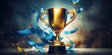 Fototapeta  - Gold trophy cup on blue abstract background