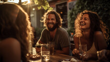 Group of friends laughing and enjoying dinner at outdoor restaurant during summer. Generative AI