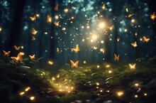 Fluttering Fireflies And Butterflies Fly In The Night Fantasy Enchanted Forest. Fairy Tale Concept.