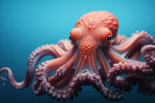 Sea Life Macro Concept. Orange Octopus On Blue Background. Copy Space. Exotic Food