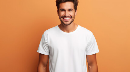 Wall Mural - Smile Young Man fit in Frame wearing bella canvas white shirt mockup,  isolated color background