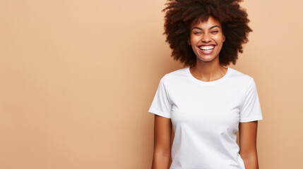 Wall Mural - Smile African woman fit in Frame wearing bella canvas white shirt mockup,  isolated color background