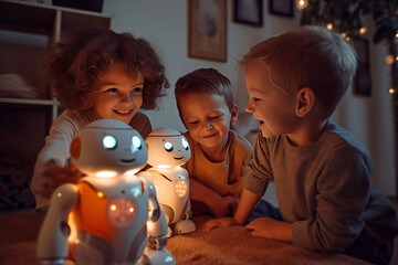 Wall Mural - Group of young children playing with artificial intelligence android robot s