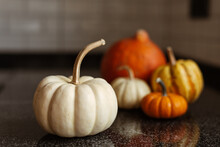 Still Life Of Orange And White Pumpkins In The Kitchen. Stock Photo