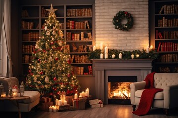 Wall Mural - Magical glowing Christmas tree, fireplace, gifts in the dark at night