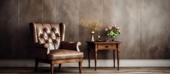 Poster - Vintage living room with wooden armchair and table in the interior