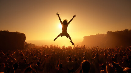 Epic party concept with man jumping high up from crowd of dancing people