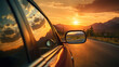 Rearview mirror shot capturing the essence of a road trip, showing an endless road and a beautiful sunset