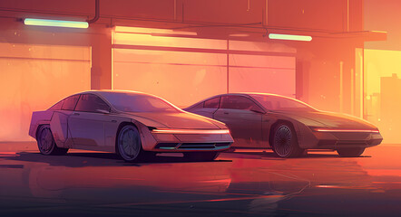 Wall Mural - two futuristic cars illustration, in style of 1980s movies and games, nostalgia vehicles concept, generative AI