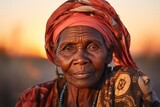 portrait of an old African woman at sunset