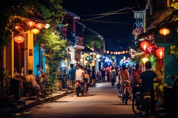 Night view of busy street in Hoi An