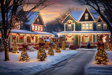 Traditional American Residential Houses With Festive Garlands Lights And Christmas Decorations. Suburban Neighborhood At Winter Holidays Season. House Facades At Snowy Street On Christmas Eve