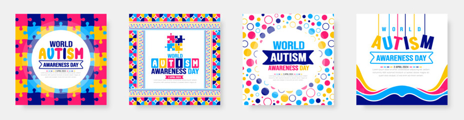 Wall Mural - World autism awareness day typography sticker or social media post banner design template set celebrated in 2 April. use to background, banner, card, greeting card, poster, book cover, placard, frame.