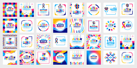 Wall Mural - big mega set of World autism awareness day typography sticker or social media post banner design template bundle celebrated in 2 April. use to background, banner, card, greeting card, poster, placard