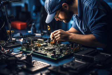 Poster - A close-up photograph focuses on a person's hands assembling electronics, symbolizing the manufacturing labor that drives technological innovation on Labor Day. Generative Ai.