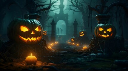 Wall Mural - Spooky scary dark Night forrest. Halloween pumpkins in the forest at night. 3D rendering. Halloween background with Evil Pumpkin. Holiday event halloween banner background concept.	