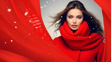 Wall Mural - Fashionable young woman in red coat and scarf. Fashion woman cloth flyer design. Beauty, fashion. Advertisement concept with wide copy space for text.	