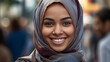 © LomaPari2021 - photograph of Smiling ethnic young woman in hijab. telephoto lens realistic natural lighting Generative AI.