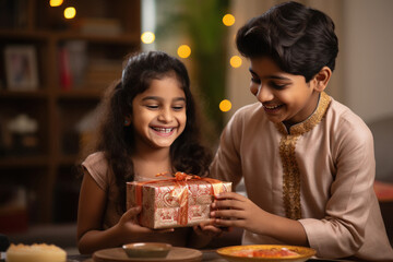 Wall Mural - Little boy and girl giving gifts to each other on diwali festival.