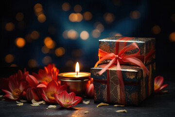 Gift box with oil lamp on diwali festival