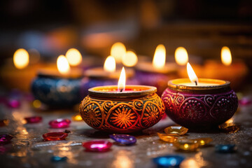 Wall Mural - Burning oil lamp on blur bokeh background. diwali festival concept.