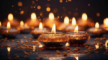 Canvas Print - Traditional Burning oil lamps or diyas. diwali festival concept.