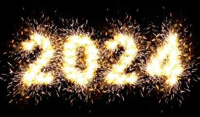 Poster - Greeting card for 2024 New Year with bright sparklers