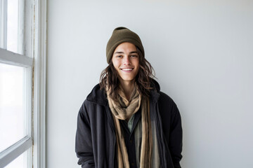 Wall Mural - Smiling young man in winter clothing isolated in front of a white wall.