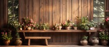 Vintage House With Wooden Board Walls Potted Flowers In A Wall Window And High Resolution Design Photo