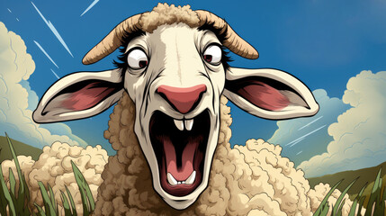 Wall Mural - A cartoon sheep with its mouth open in a field. Generative AI image.