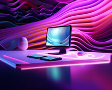 A Violet Glow Of Futuristic Technology Radiates From The Desktop Computer, Illuminating The Neon Keyboard And Peripherals, Inviting Exploration Of Its Electronic Mysteries