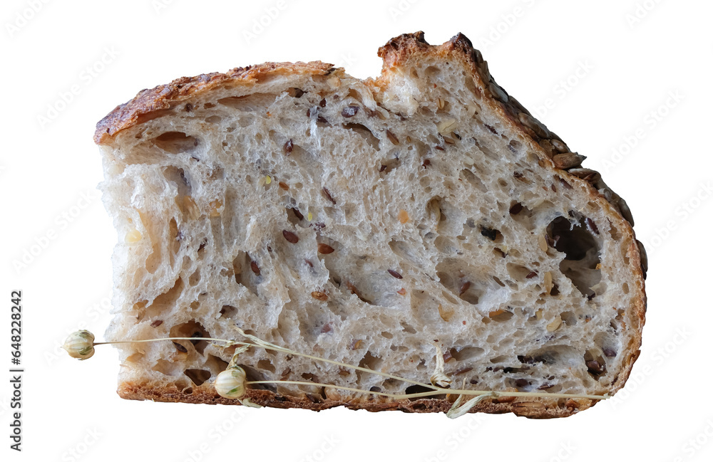 The slice of the multigrain bread. Flax seeds pods. Crust. Wholemeal ...