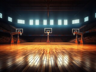 Wall Mural - Basketball sport arena. Interior view to wooden floor of basketball court.  basketball hoops side view. sport background , Generative Ai 