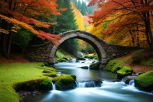Design An Enchanting Scene Where A Small Stone Bridge Gracefully Arches Over A Babbling Brook