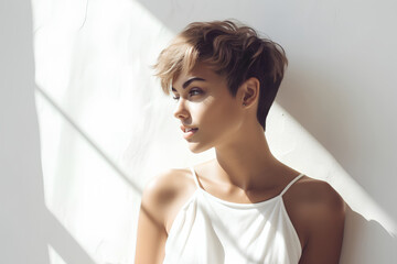 Beautiful woman with short bob haircut and tanned skin on light background