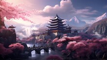 An Elegant Image Of A Valley With A Serene Temple Nestled In A Cherry Blossom Grove