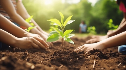 Wall Mural - Asian young volunteers are actively participating in a greenery project by planting trees cultivate lush forest.Their dedication to environmental conservation sustainability.Generative Ai illustration