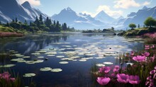 An Exquisite, AI-generated Portrait Of A Valley With A Tranquil Pond And Water Lilies