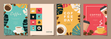 Set Of Sketch Banners With Coffee Beans And Leaves On Colorful Background For Poster Or Another Template Design. Vector Illustration.