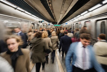 Crowds Of People Hurrying To Catch A Train To Work During Morning Rush Hour At A Subway Station. Frantic Passengers Taking Public Transport At A Underground Metro Station, Rushing To Board Their Ride.