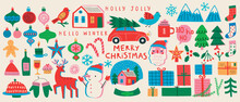 VChristmas Set Of Graphic Elements, Hand Drawn Style - Cute Objects, Snowmen, Santa Claus And Other Elements.