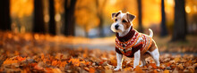 Home Pet, Cute Jack Russell Puppy In A Warm Knitted Sweater, Against The Backdrop Of Bright Autumn Leaves In A City Park