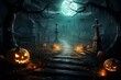 Spooky Halloween scene with a pumpkin in a cemetery at night. Misty swamps, eerie fog, creepy forest, gravestones, firefly, and a full moon. Generative AI