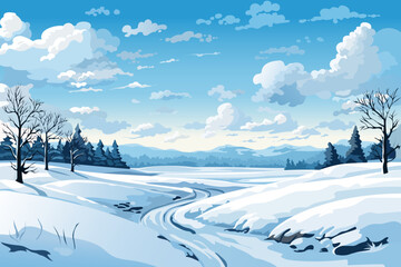 Wall Mural - Winter landscape. Beautiful vector illustration, a winter road leading through forests and fields against a background of hills, blue sky, amazing clouds.