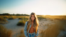 Summer Beach Portrait Of A Young  Sexy Blonde Woman In Denim Clothes  Standing On Grassy Beach At Sunset