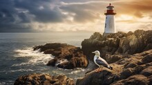 An Image Of A Seagull Perched On A Lighthouse Overlooking A Rocky Coastline