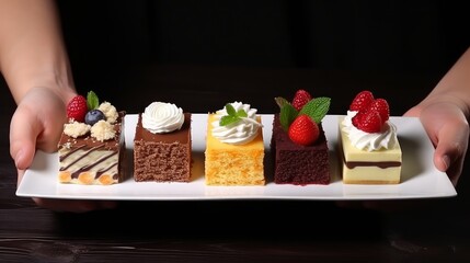 Tasting one cake from parts closeup Plate with five diverse sweet pastries hand taking one Degustation choosing dessert for party or wedding gastronomy occasion organization concept