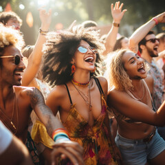 Wall Mural - beautiful latin brunette woman celebrating with her friends a biodiversity event