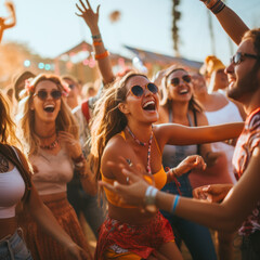 Wall Mural - beautiful blonde woman celebrating a HIPPIE EVENT with people