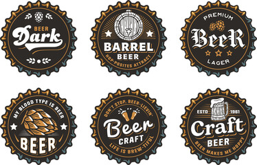 Wall Mural - Beer cap set for design of brew beer in a brewery. Collection of metal corks for logo of craft brewing. Vintage old retro designs with beer cap for pub and bar